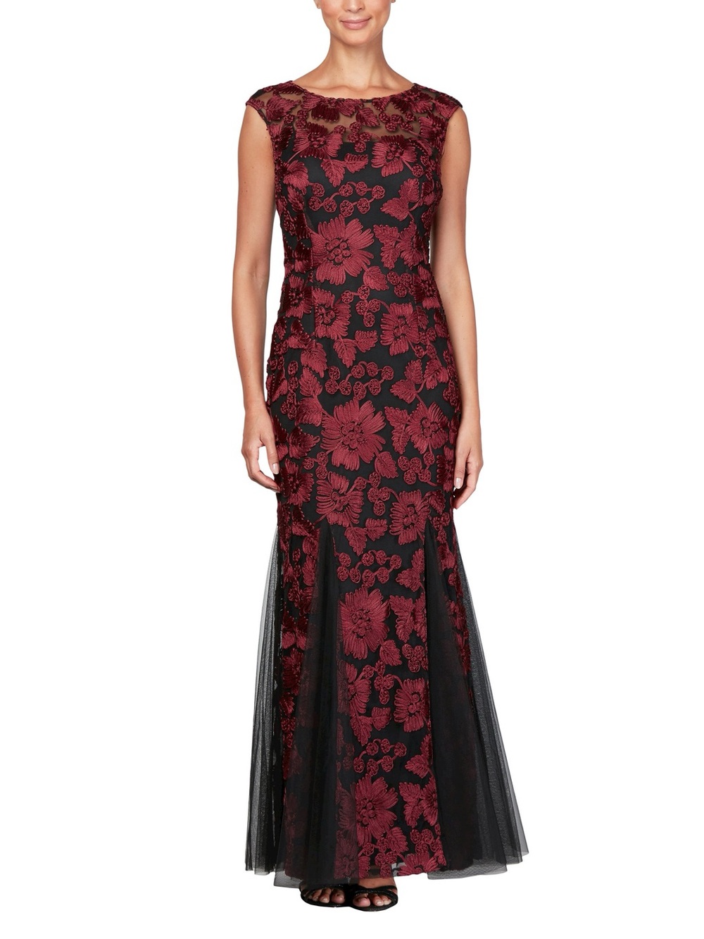 Alex Evenings Black and Burgundy Floral Lace Evening Gown size 8 LIKE NEW!!!